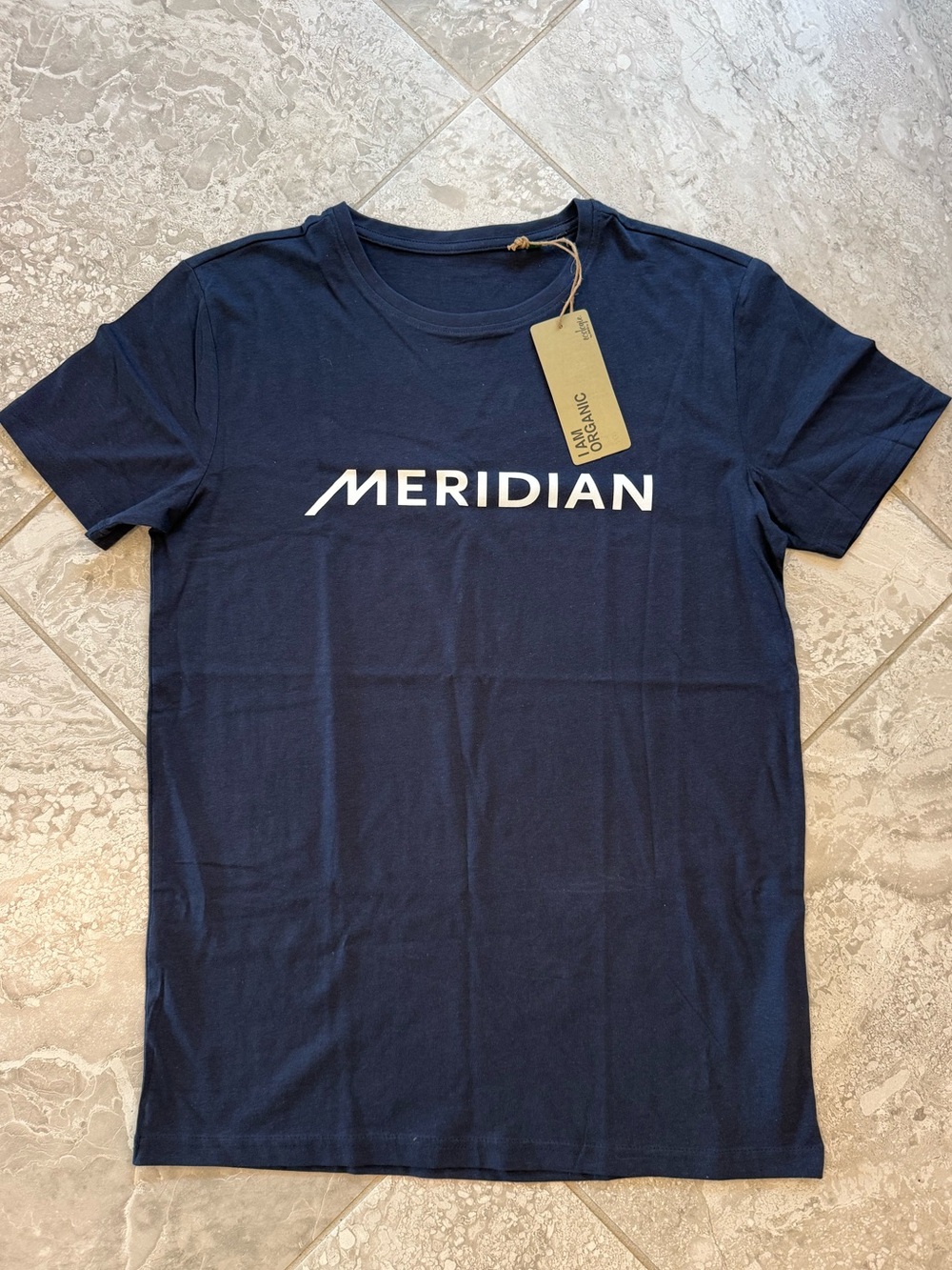 NWT Meridian Audio Navy Logo Organic Cotton T‑Shirt, Size Medium